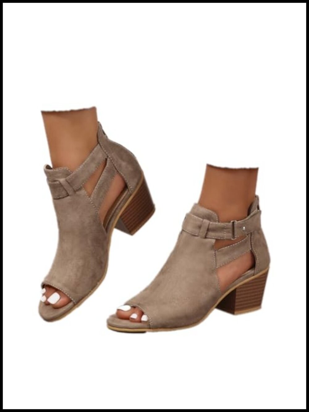 Peep Toe Ankle Booties Chunky Heels Cutout Back Zipper Sandals Suede Side Ankle